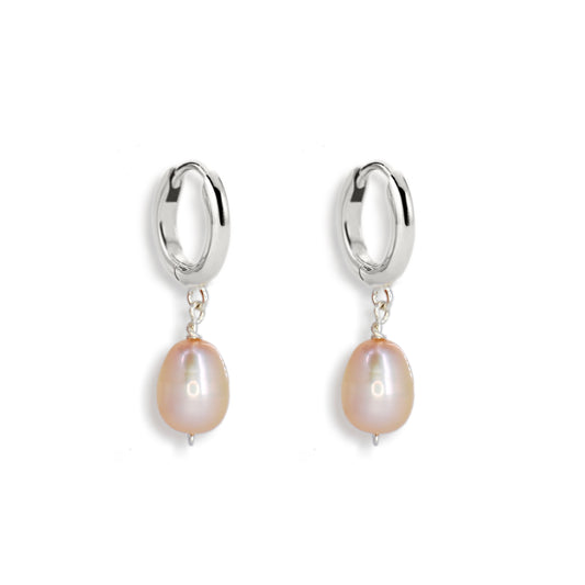 Silver Huggie Pink Freshwater Pearl Drop Earrings
